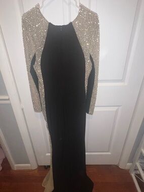 Elegant Black Evening Gown with Champagne Beaded Sleeves